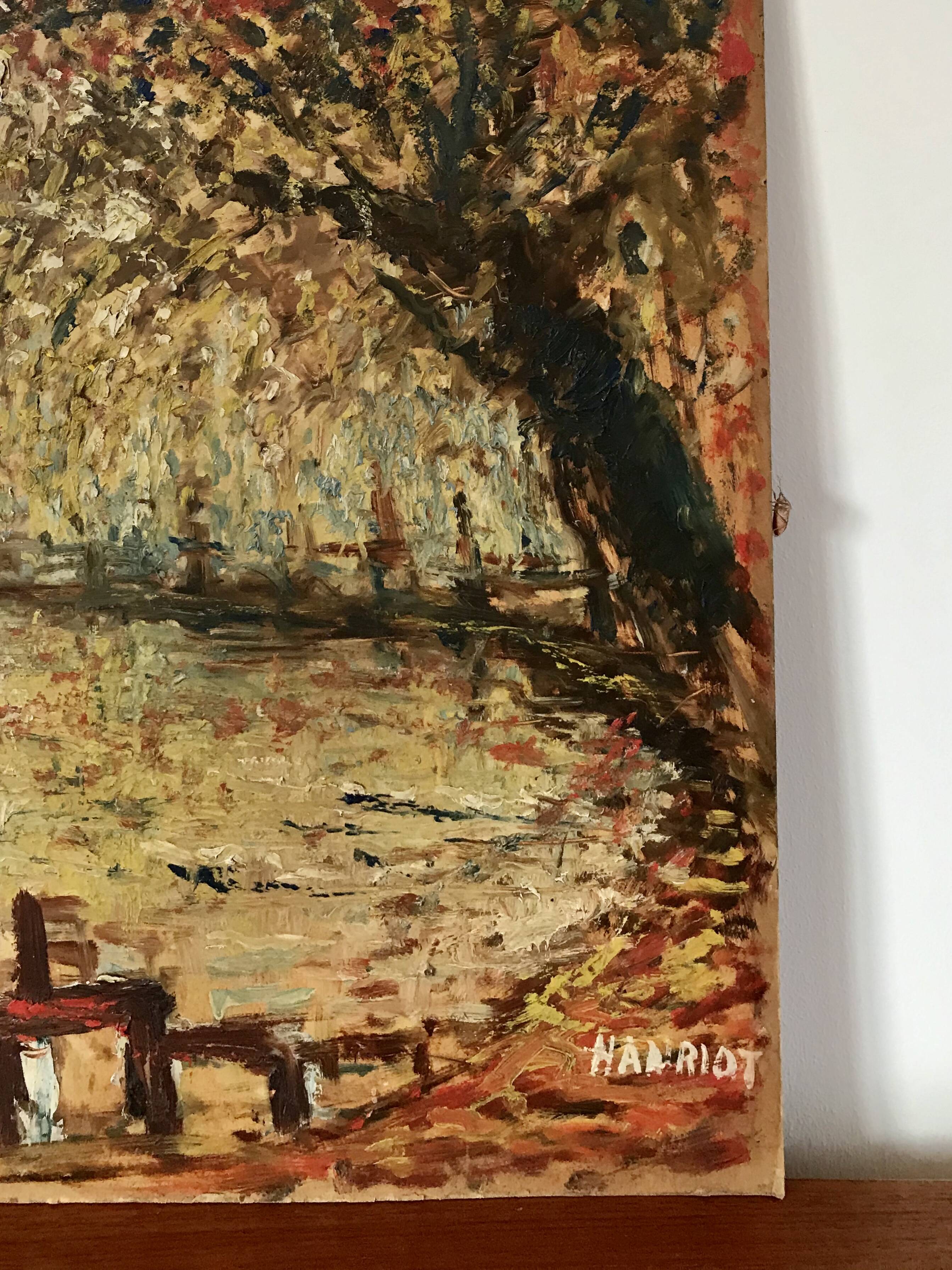 oil on pointillism landscape panel signed Hanriot 20th century