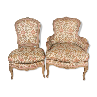 Fauteuil bergère style Louis XV avec chaise assortie