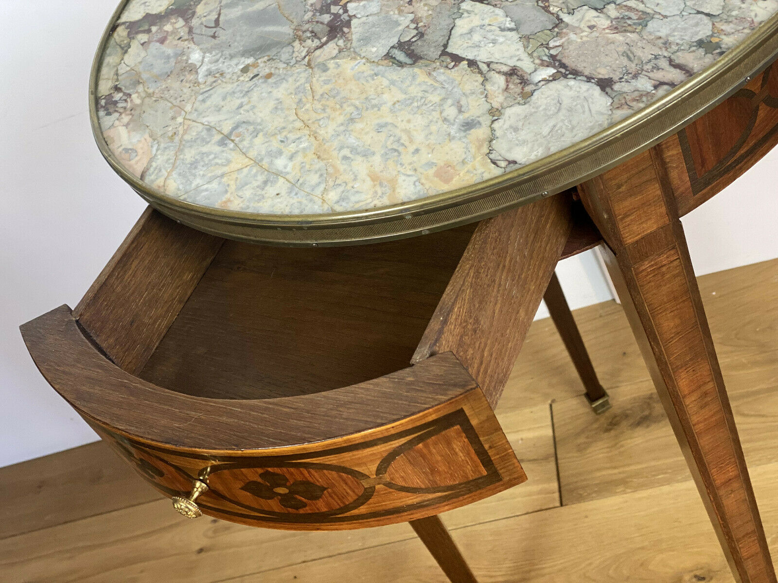 Gueridon in marquetry and marble top of Louis XVI style Napoleon III era