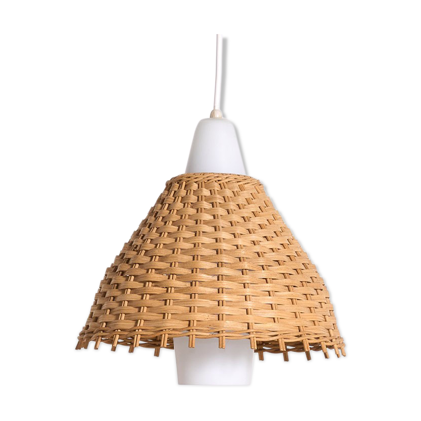 Vintage pendant light, glass & rattan