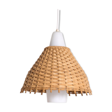 Vintage pendant light, glass & rattan