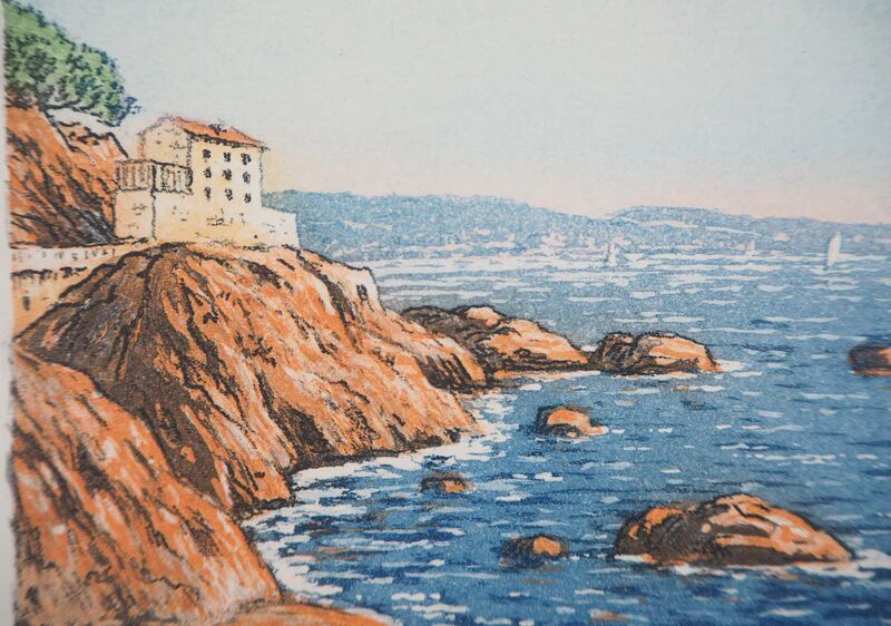 René Ligeron: Mediterranean, seaside house, signed original engraving.