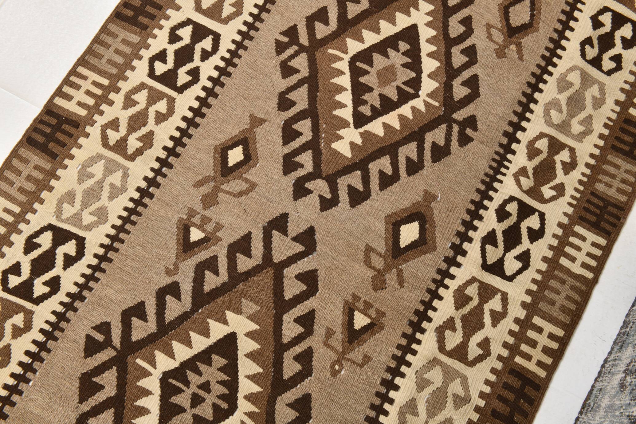 3x6 Brown Cream Handmade Antique Vintage Rug, 103x192Cm