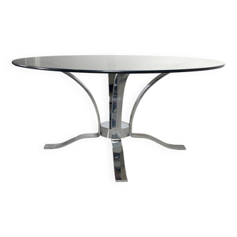 Table basse vintage chromée avec verre fumé