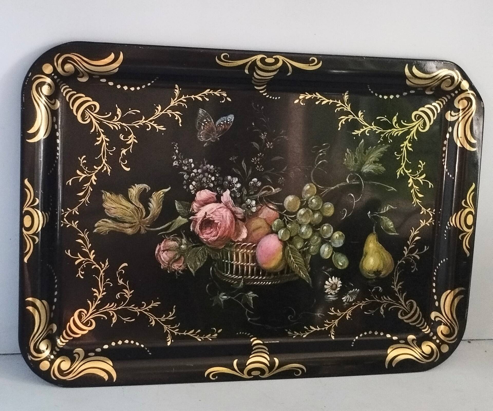 Large English tray painted with flowers and fruits.