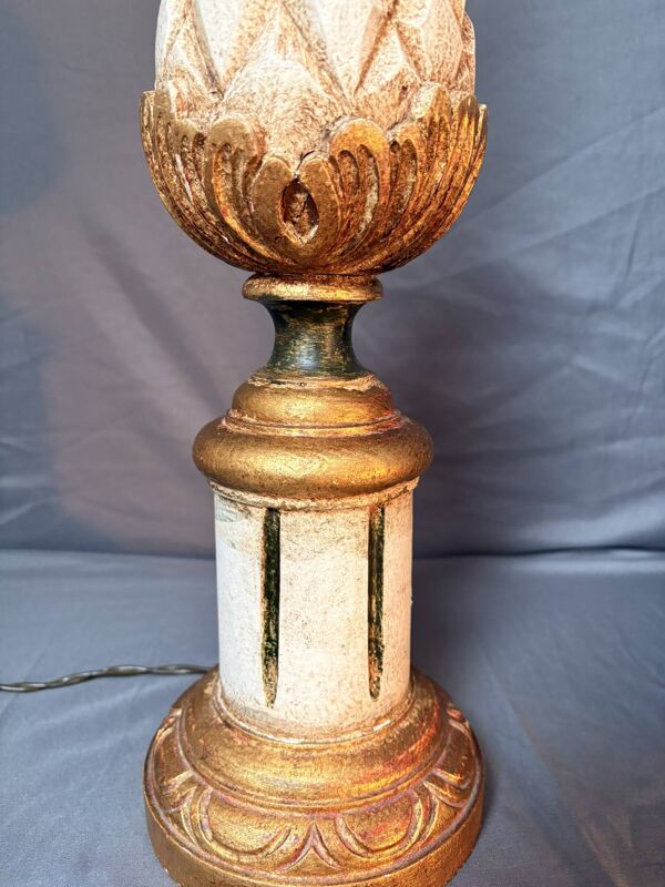 Ancien pied de lampe ananas vintage art déco en bois & doré