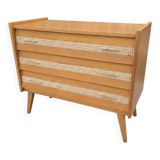 Commode vintage en chêne et cannage des années 60
