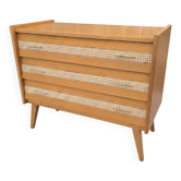 Commode vintage en chêne et cannage des années 60