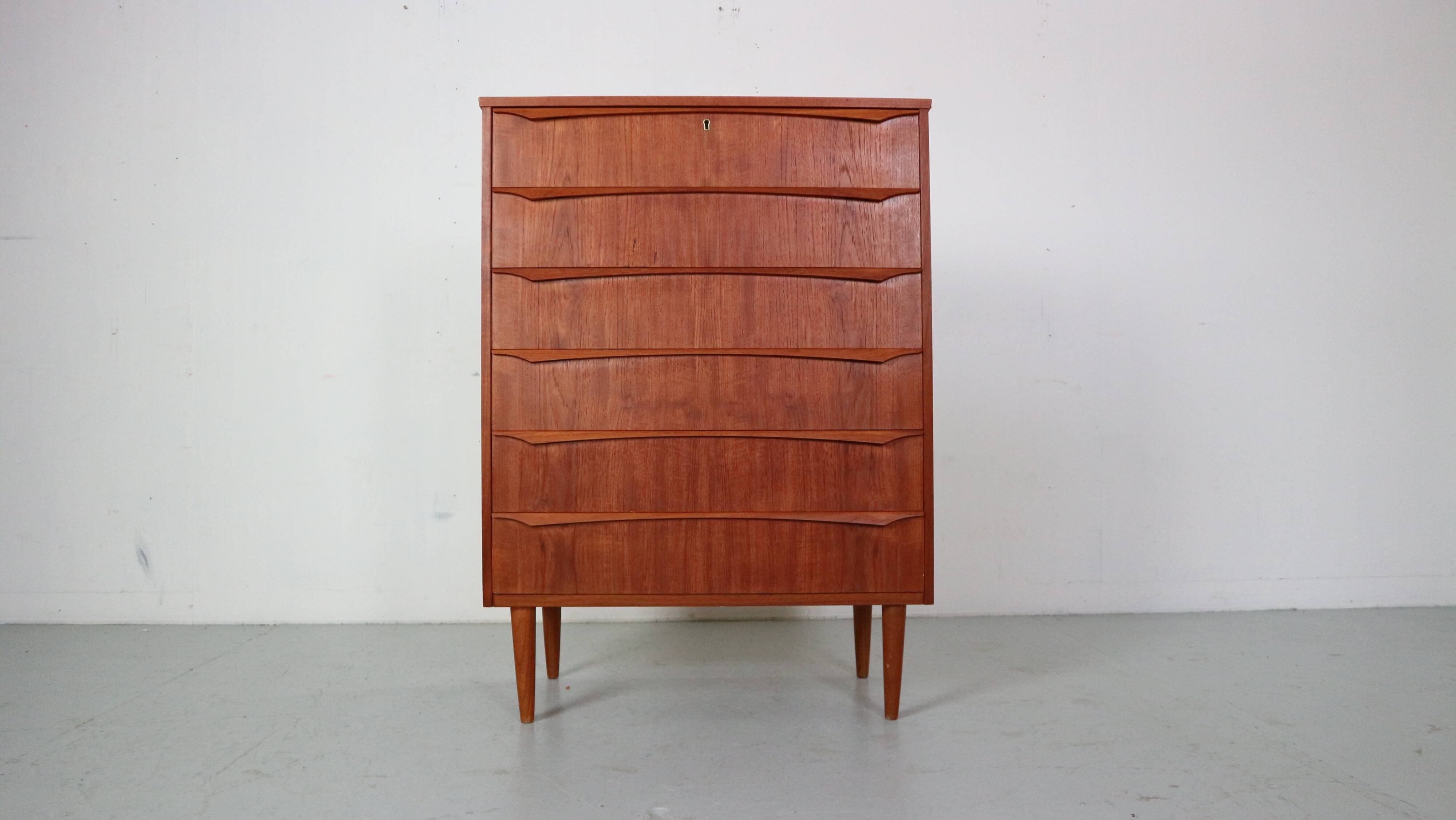 Mid-Century Modern Danish Chest of Six Drawers, Tallboy in Teak, Denmark, 1960