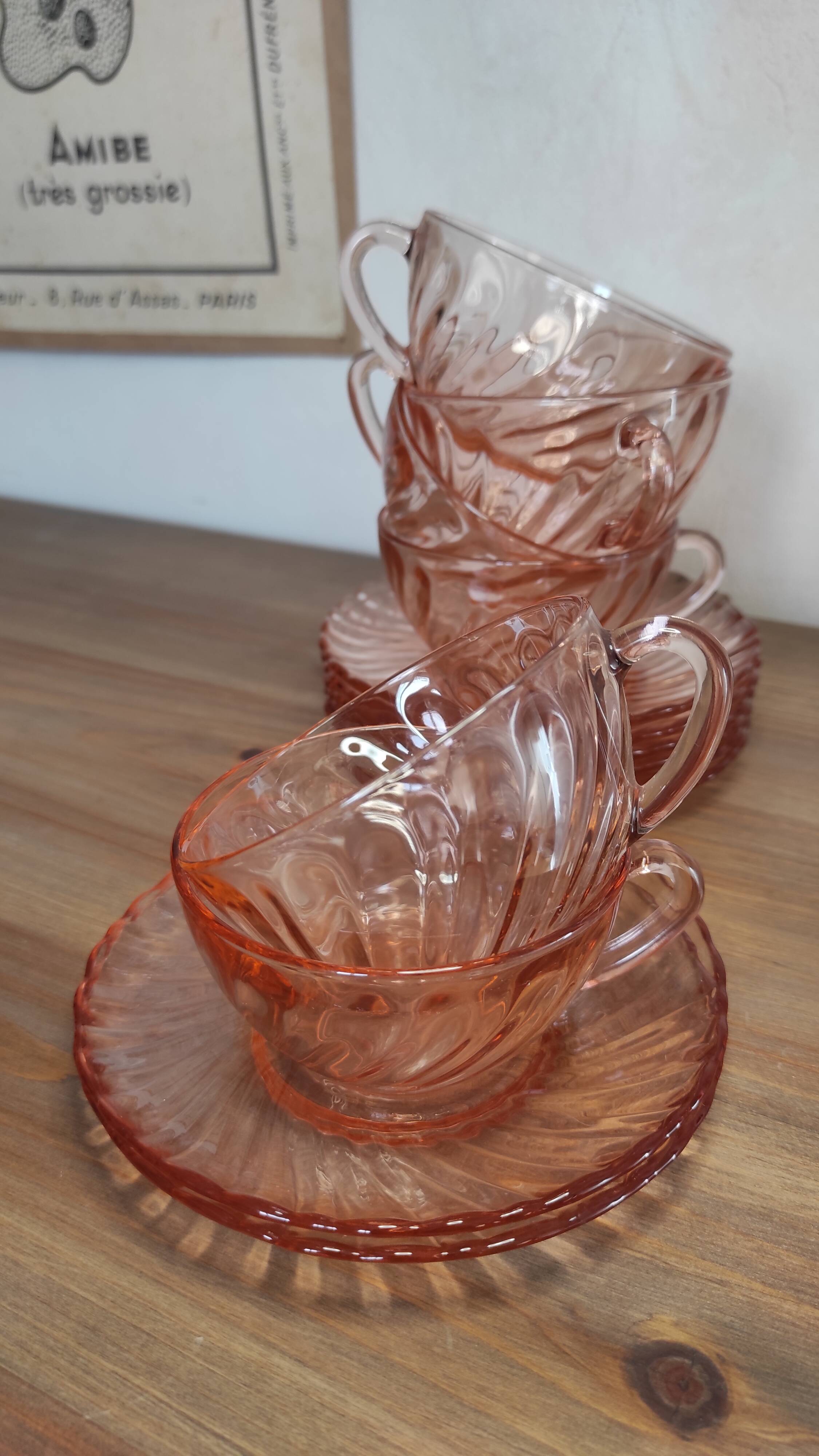 Set of 6 Rosaline Coffee Cups with Saucers in Translucent Glass