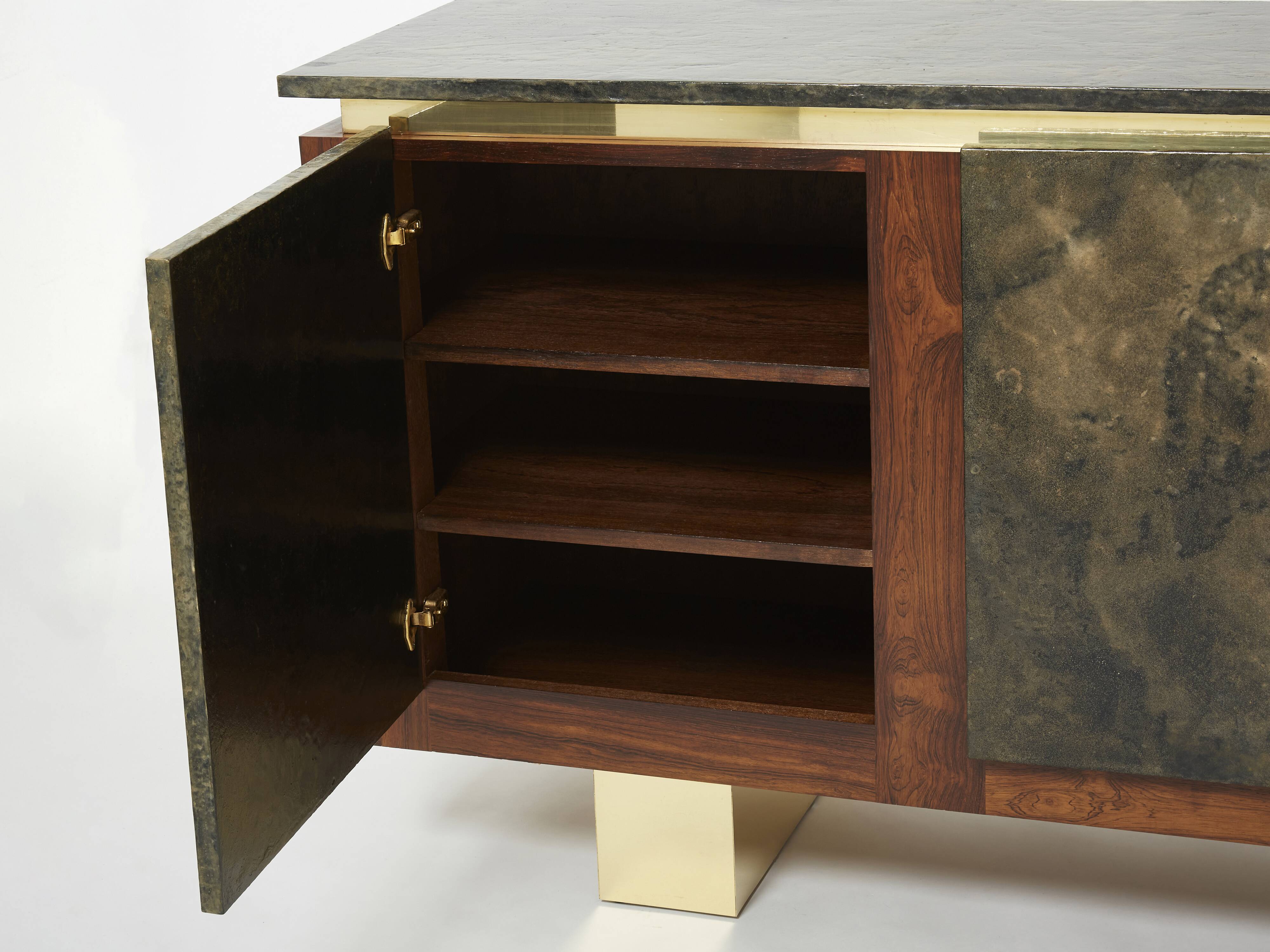 Brutalist Belgian enfilade in rosewood, resin, and brass from around 1970.