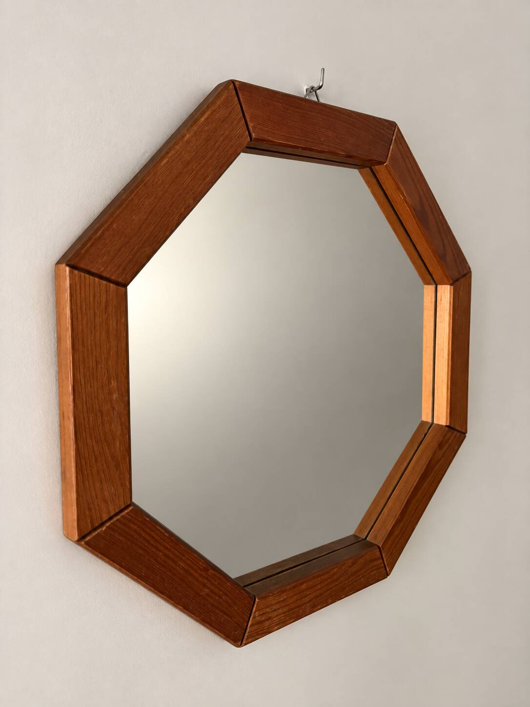 Vintage Octagonal Wooden Wall Mirror – 1970s Geometric Design