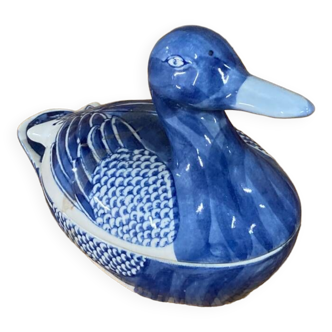 Blue and white ceramic duck