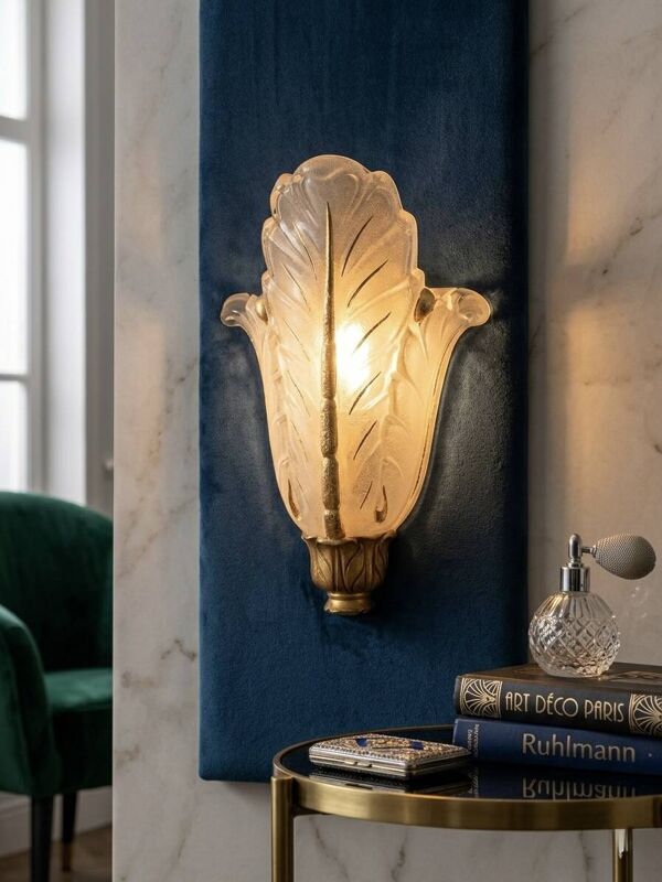 Applique ''Palmette'' Art Déco – Bronze signé Vasseur VH n°5027 & Verre Ezan