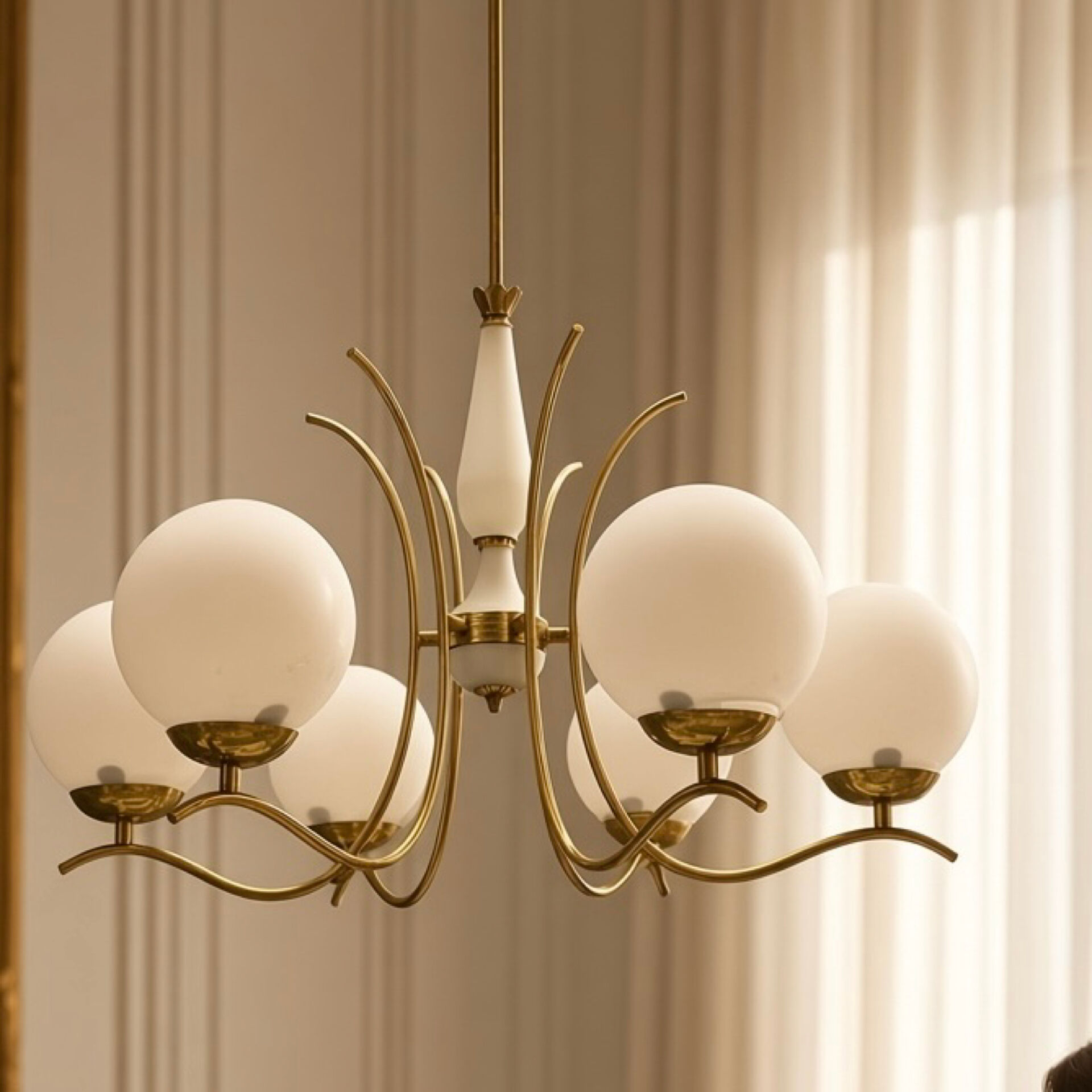 White Opaline Glass & Brass Chandelier, 1960s