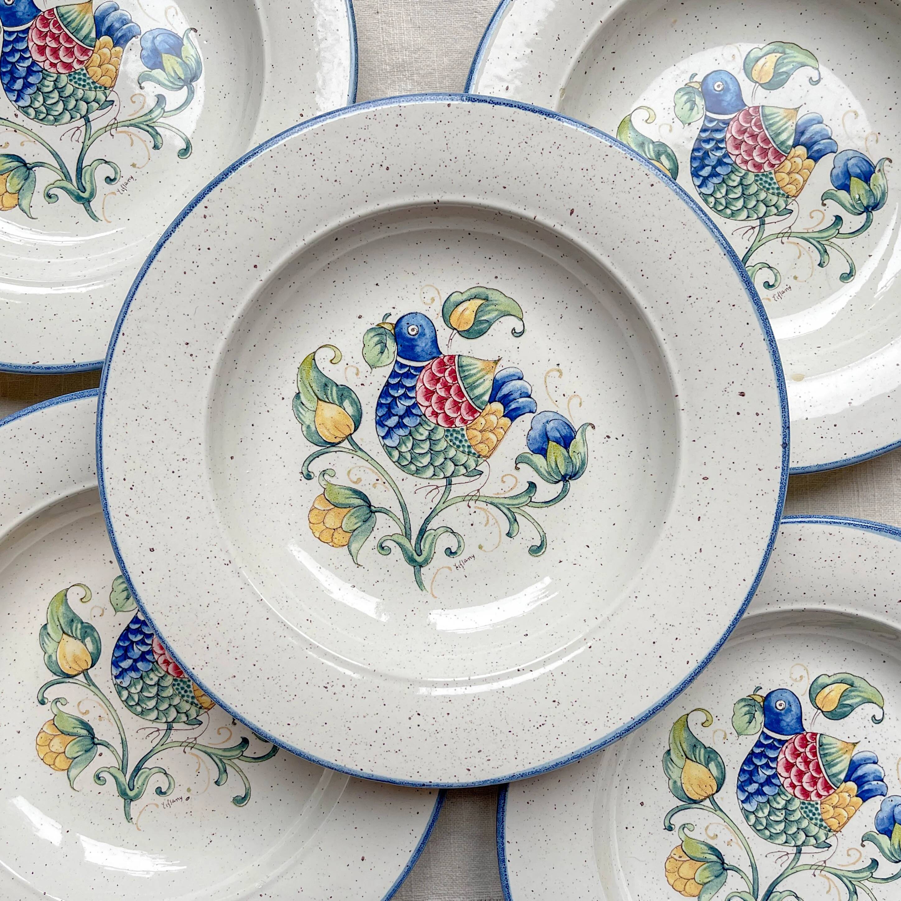 5 Italian speckled earthenware "Tiffany" soup plates - vintage bird motif