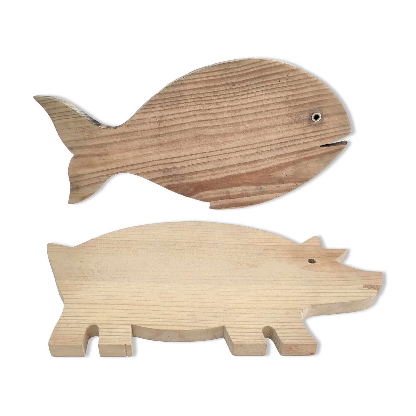 Deux planches à découper poisson cochon bois vintage
