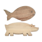 Deux planches à découper poisson cochon bois vintage