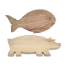 Deux planches à découper poisson cochon bois vintage