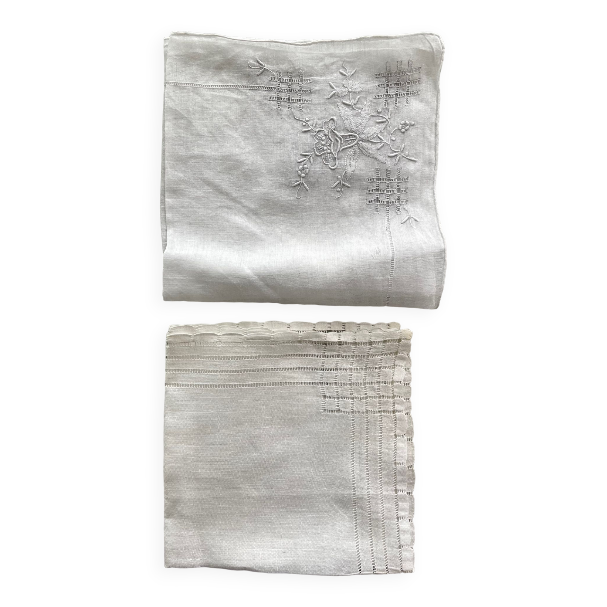 Set of 2 antique embroidered handkerchiefs or tea towels