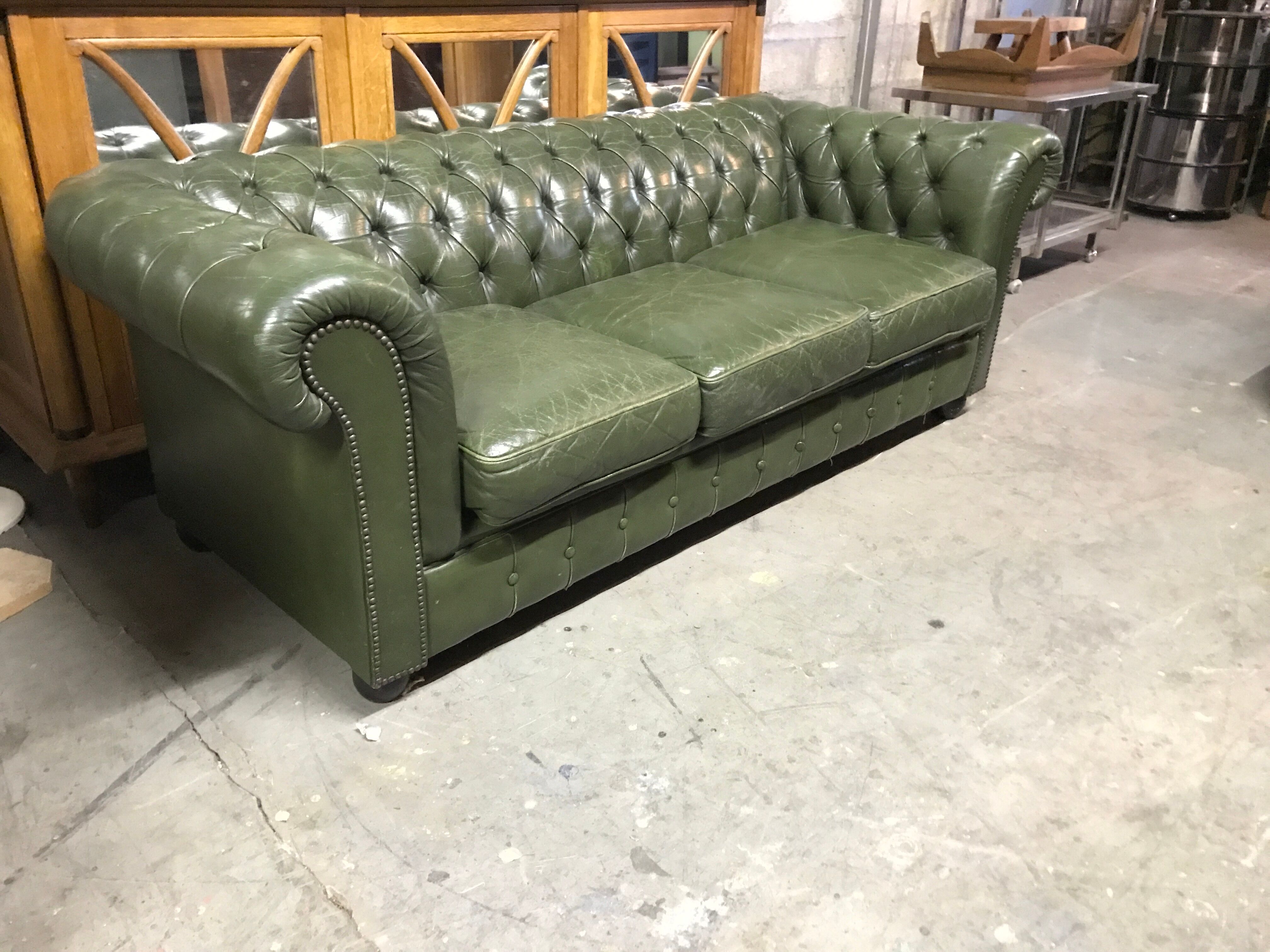 Chesterfield green leather sofa