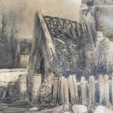 Tableau Dessin encre XIX° siècle "l'église abandonnée" signé Constant