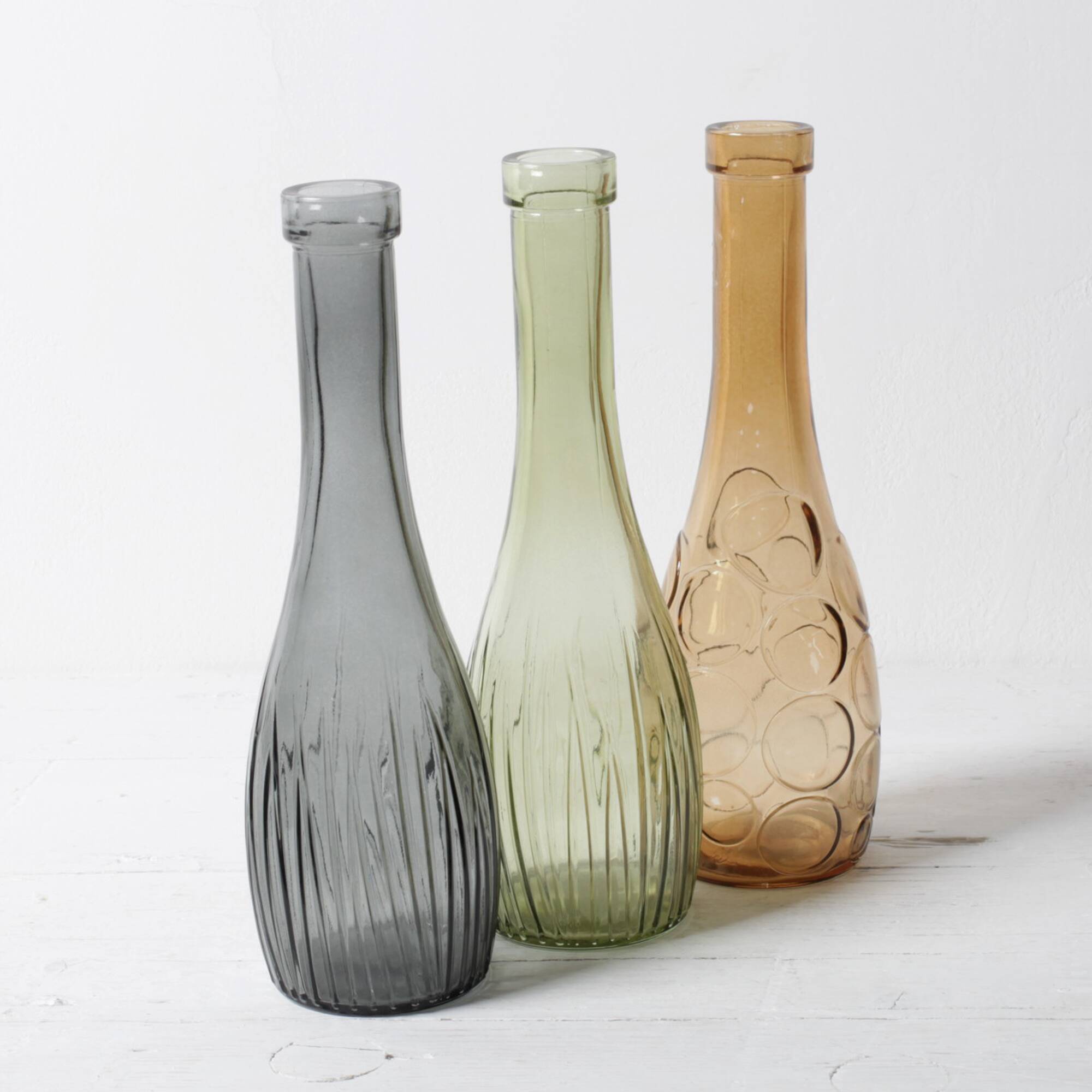 Set of 3 Grey, Green and Amber Glass Vases / Colored Bottles / Ikea / 2000s