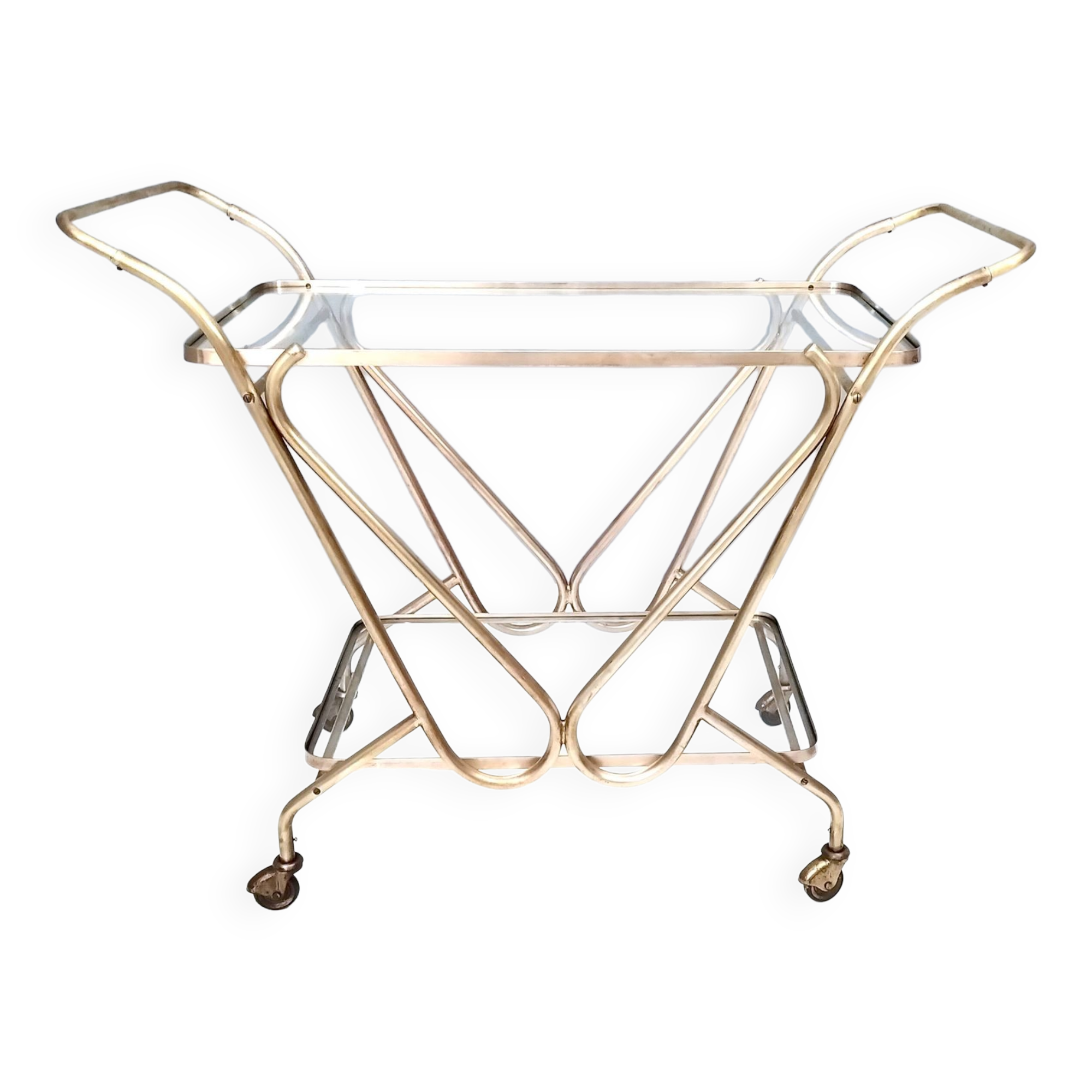 Vintage Brass Serving Cart with Glass Shelves, Italy