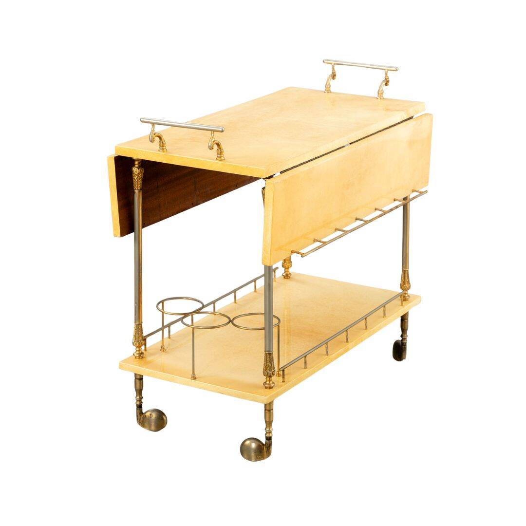 Lacquered Goatskin and Brass Bar Cart Aldo Tura style , 1960s, Italy