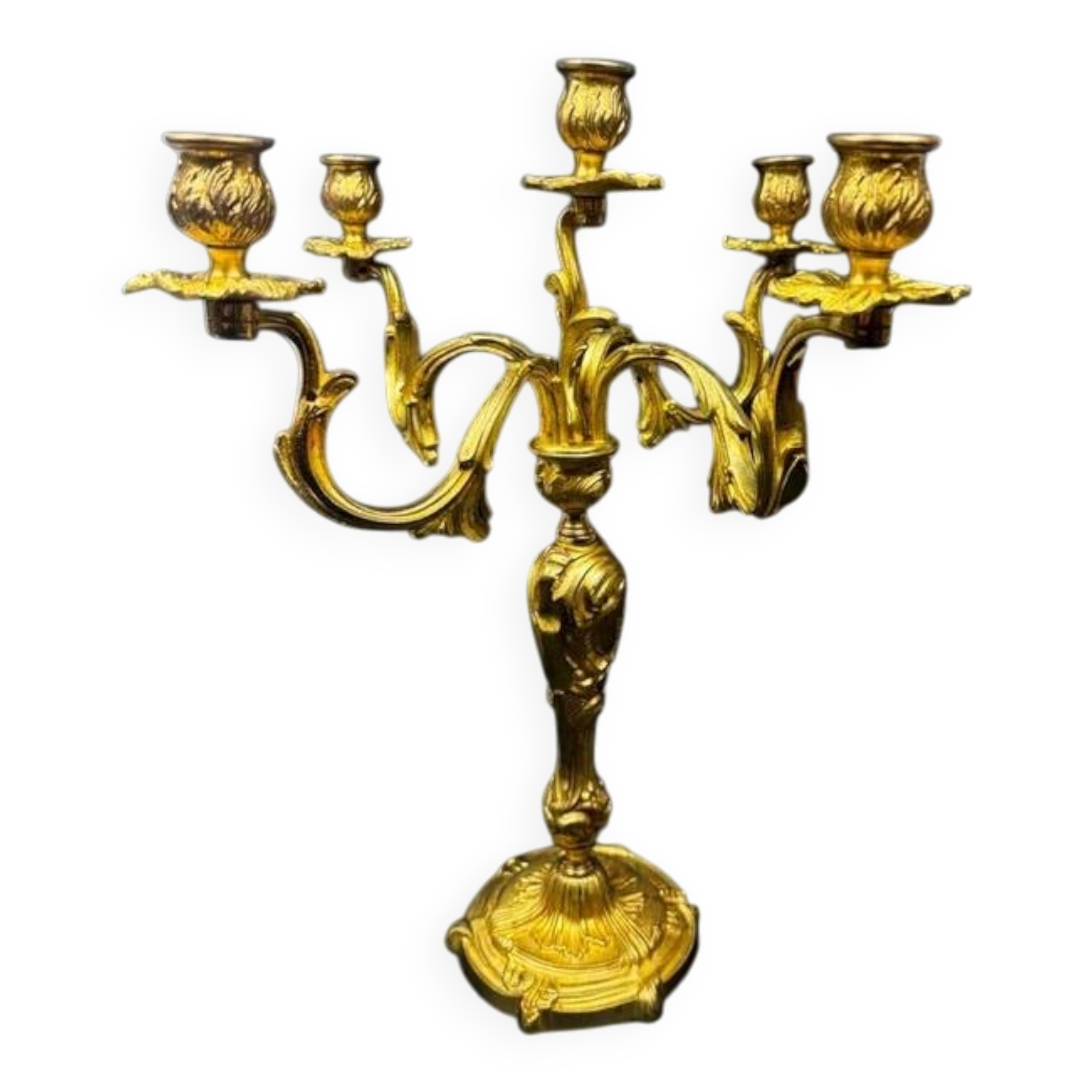 Very large five-light candelabra, in the Louis XV rocaille style, made of gilt bronze.