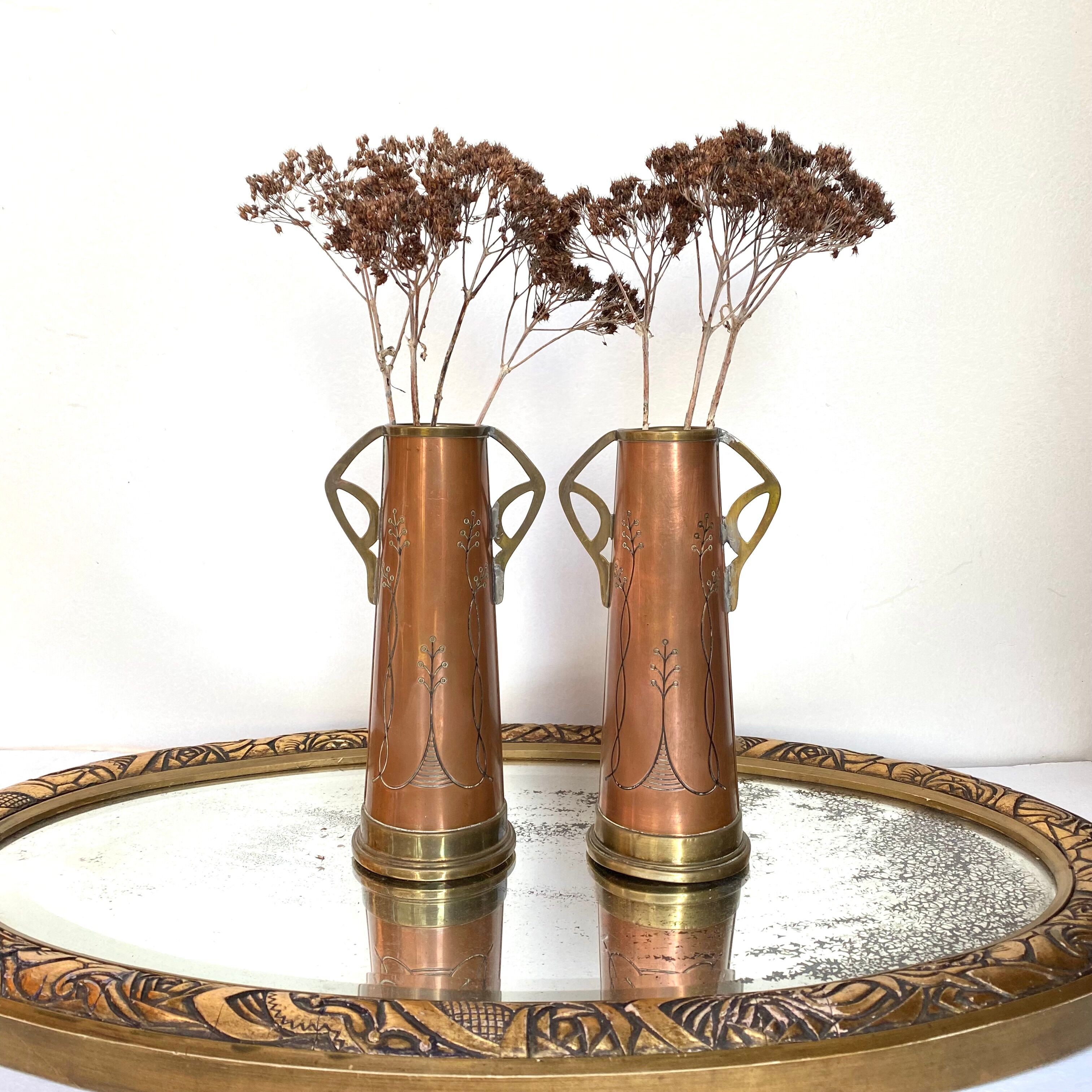 Pair of GBN art deco copper and brass vases