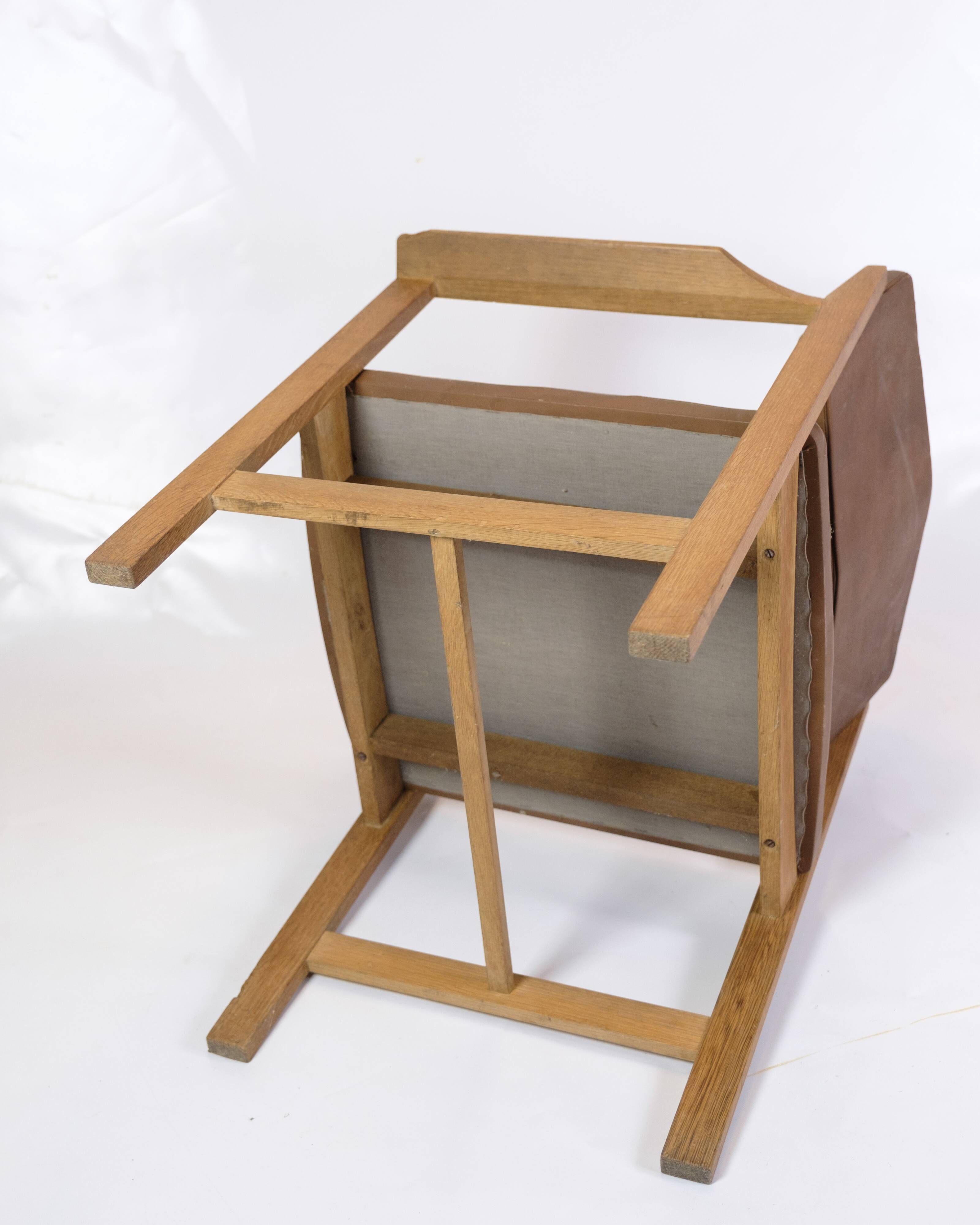 Office Chair Made In Oak & Brown Leather Seat From 1970s