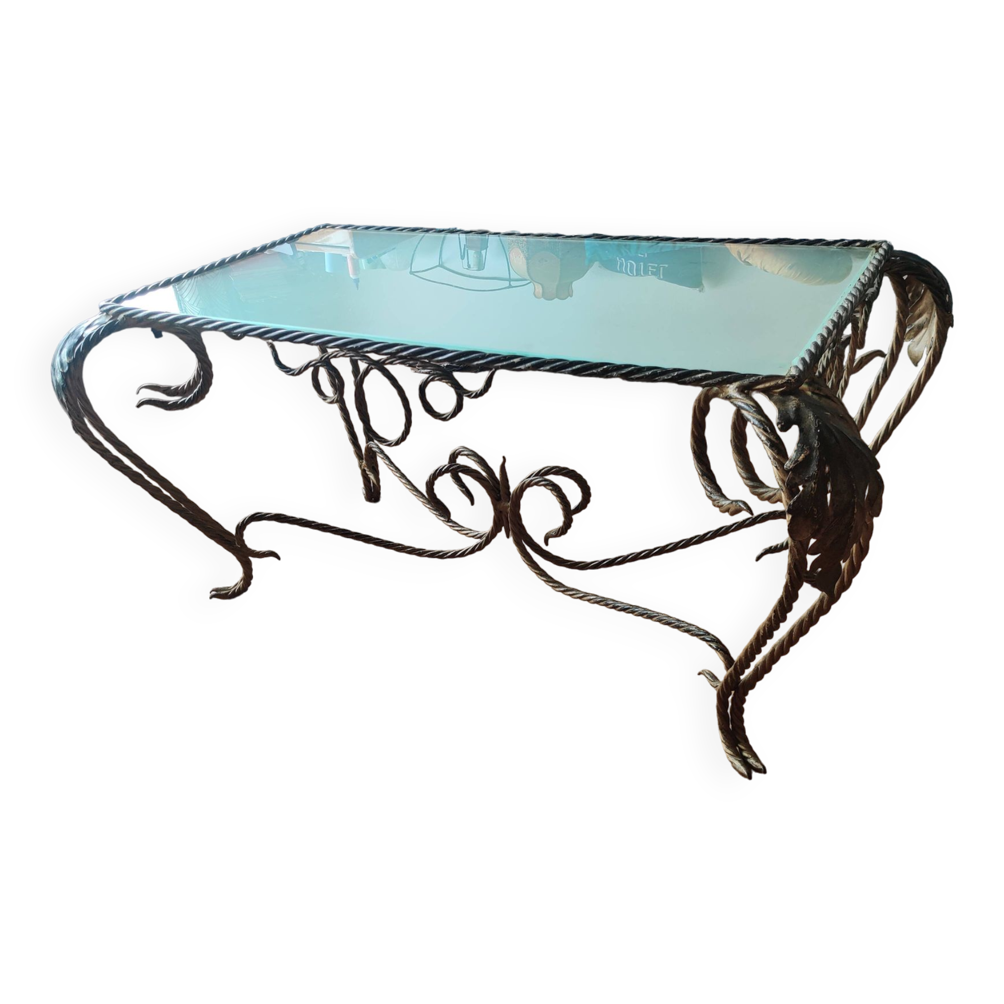 Vintage rectangular coffee table in turned wrought iron, golden patina