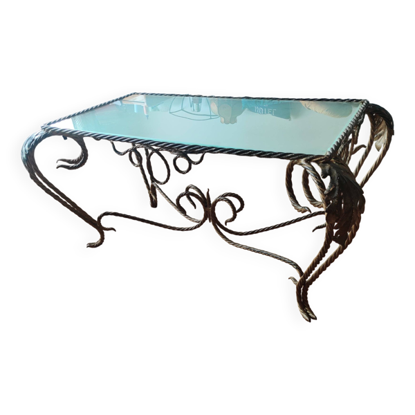 Table basse rectangulaire vintage en fer forgé tourné, patine mordorée