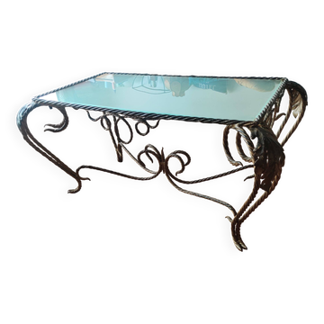 Table basse rectangulaire vintage en fer forgé tourné, patine mordorée