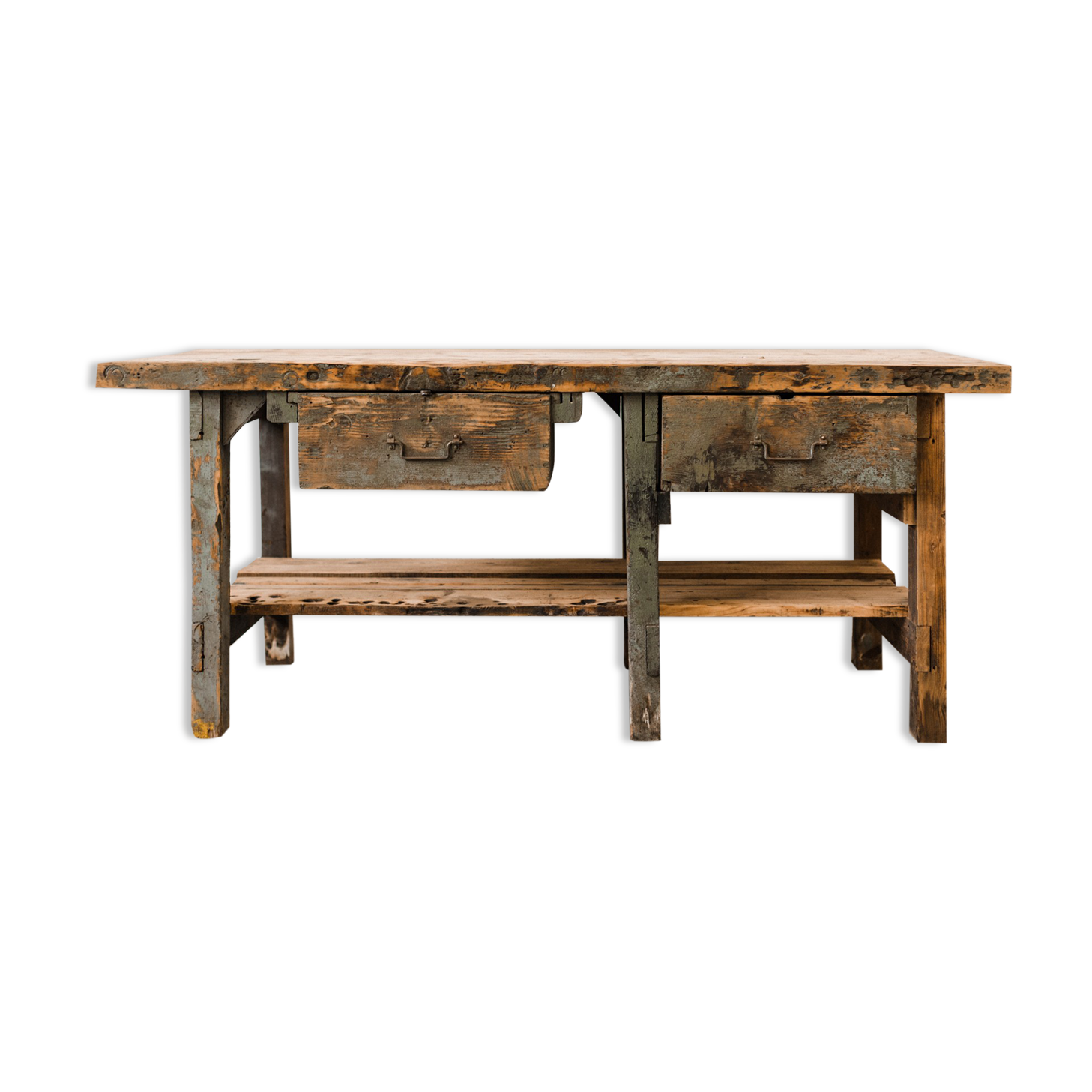 Green wooden workbench – 2 drawers
