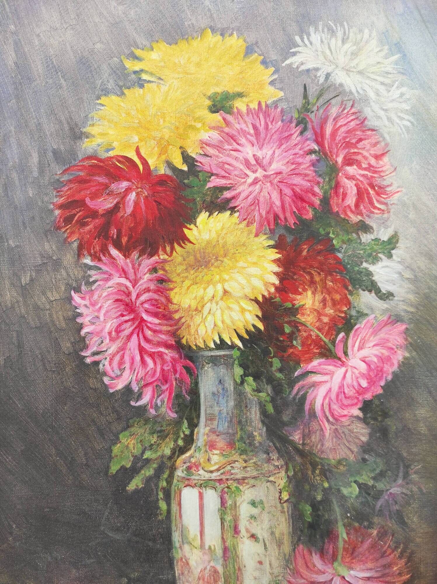 French Vintage signed oil painting of flowers
