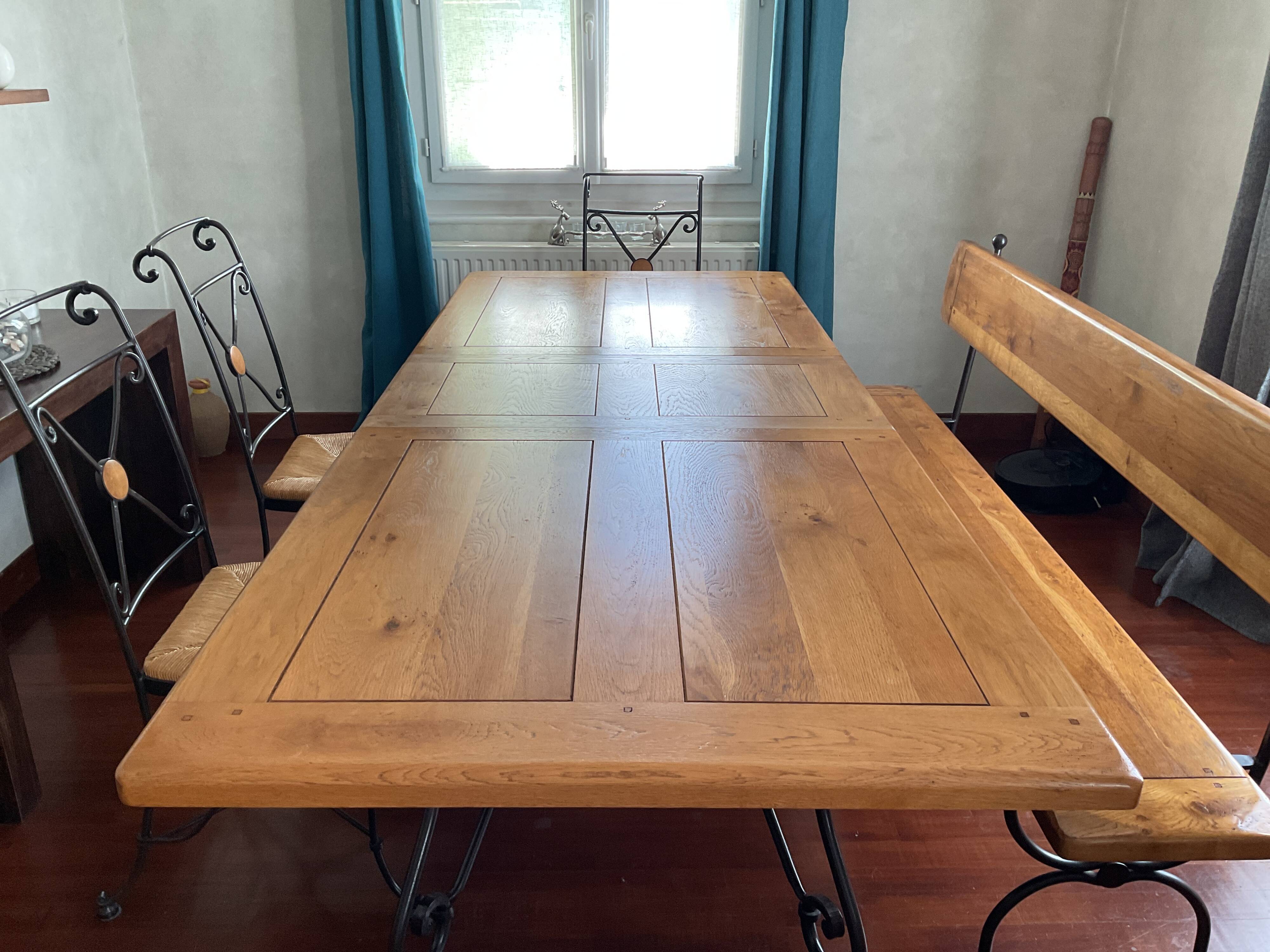 Dining set (two chairs, one armchair, one bench, and one table)