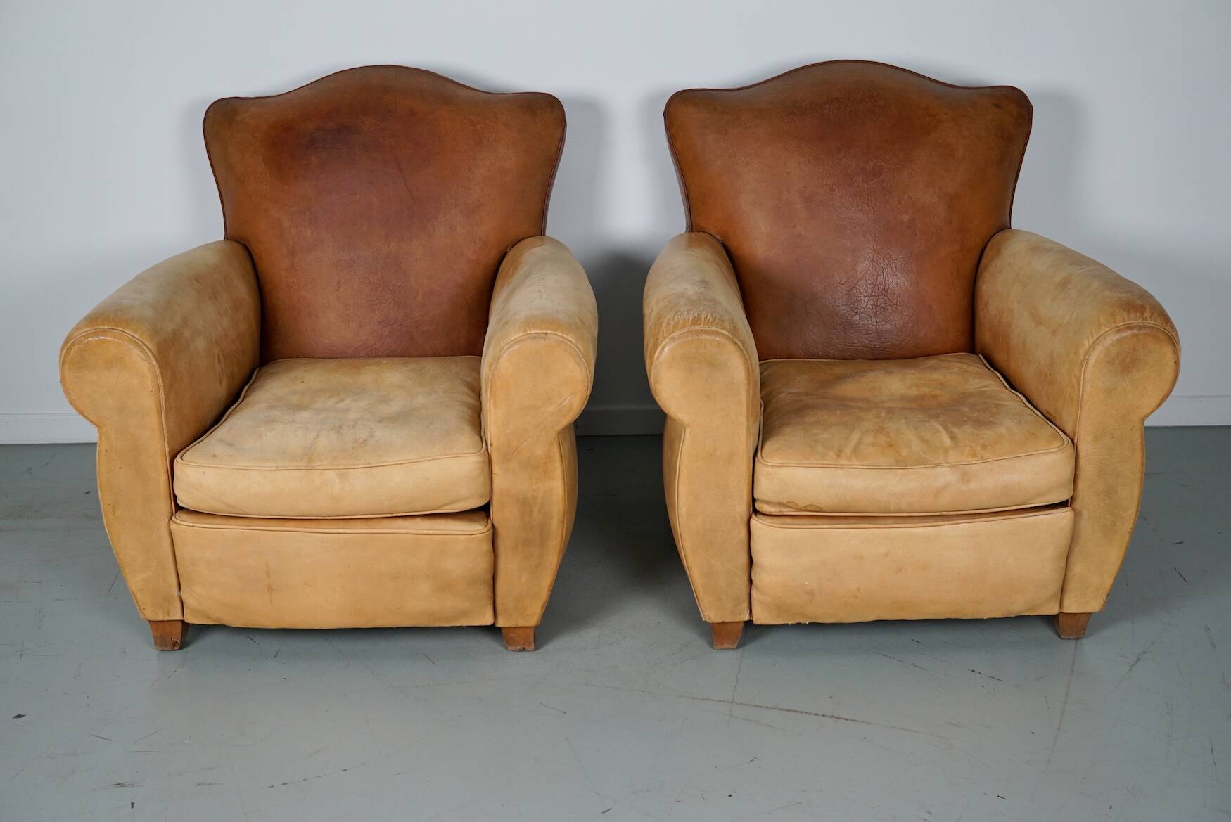 Pair of French Cognac Moustache Back Leather Club Chairs, 1940s