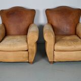 Pair of French Cognac Moustache Back Leather Club Chairs, 1940s