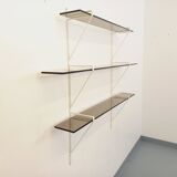 Large vintage wall shelf in smoked glass and white metal in String style.