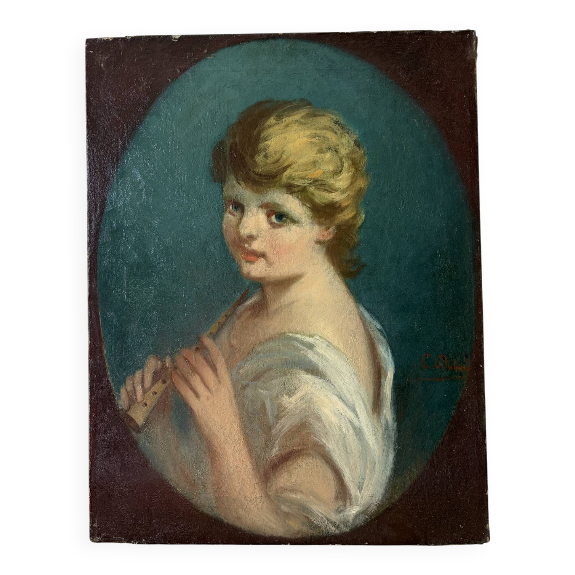 Portrait of a young woman with a flute, signed Louis Dubois (1830-1880)