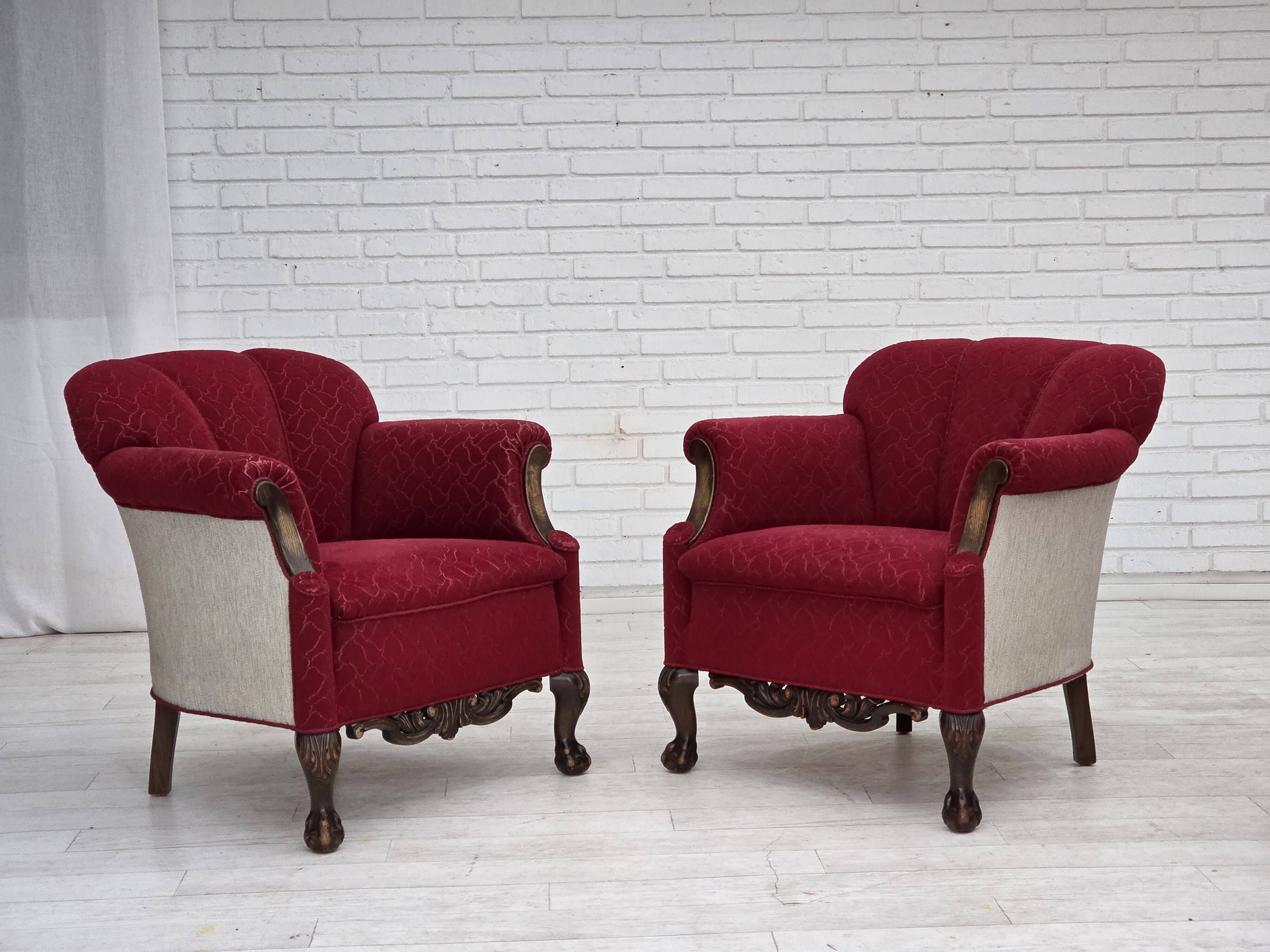 1950s, Danish armchair, red and light grey furniture wool, carved oak wood.