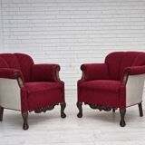1950s, Danish armchair, red and light grey furniture wool, carved oak wood.