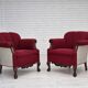 1950s, Danish armchair, red and light grey furniture wool, carved oak wood.