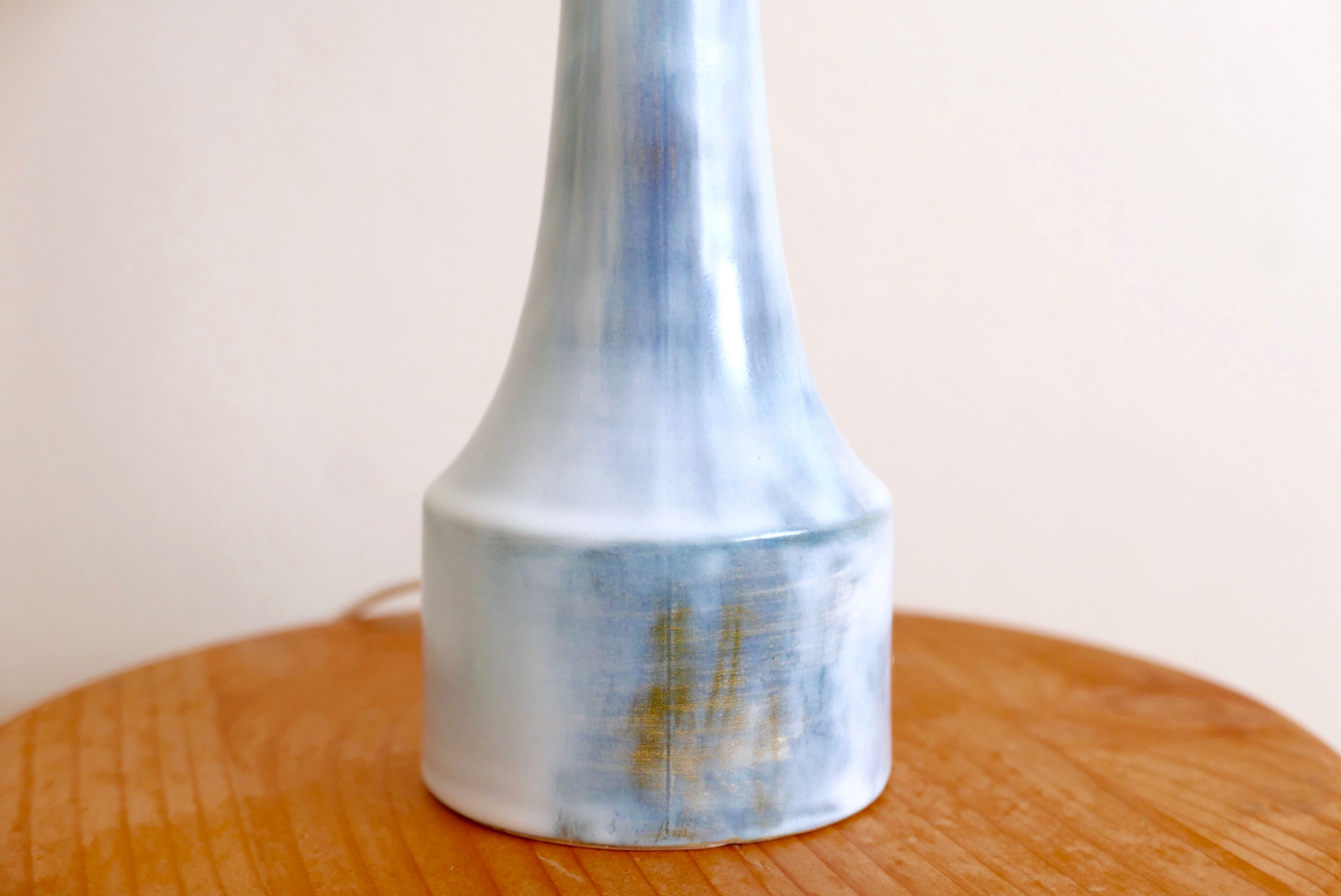 Signed pale blue ceramic lamp, raffia lampshade, 60s