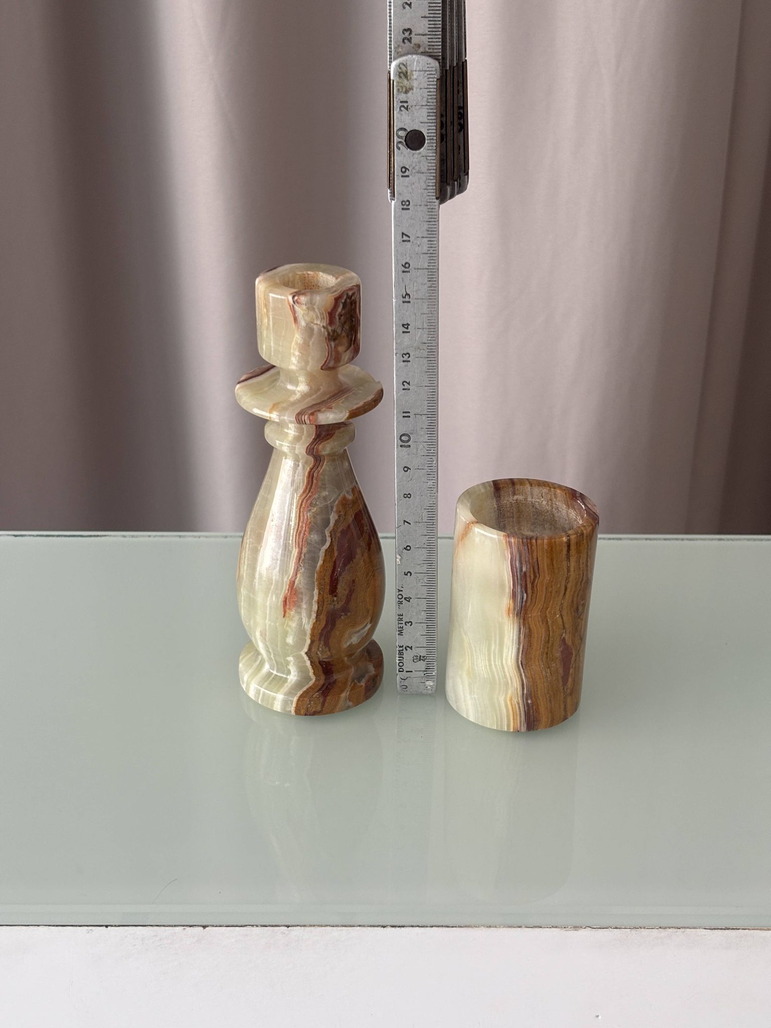 Vintage Hand-Carved Green Onyx Candlestick & Tea Light Holder Set