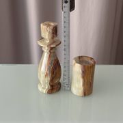 Vintage Hand-Carved Green Onyx Candlestick & Tea Light Holder Set
