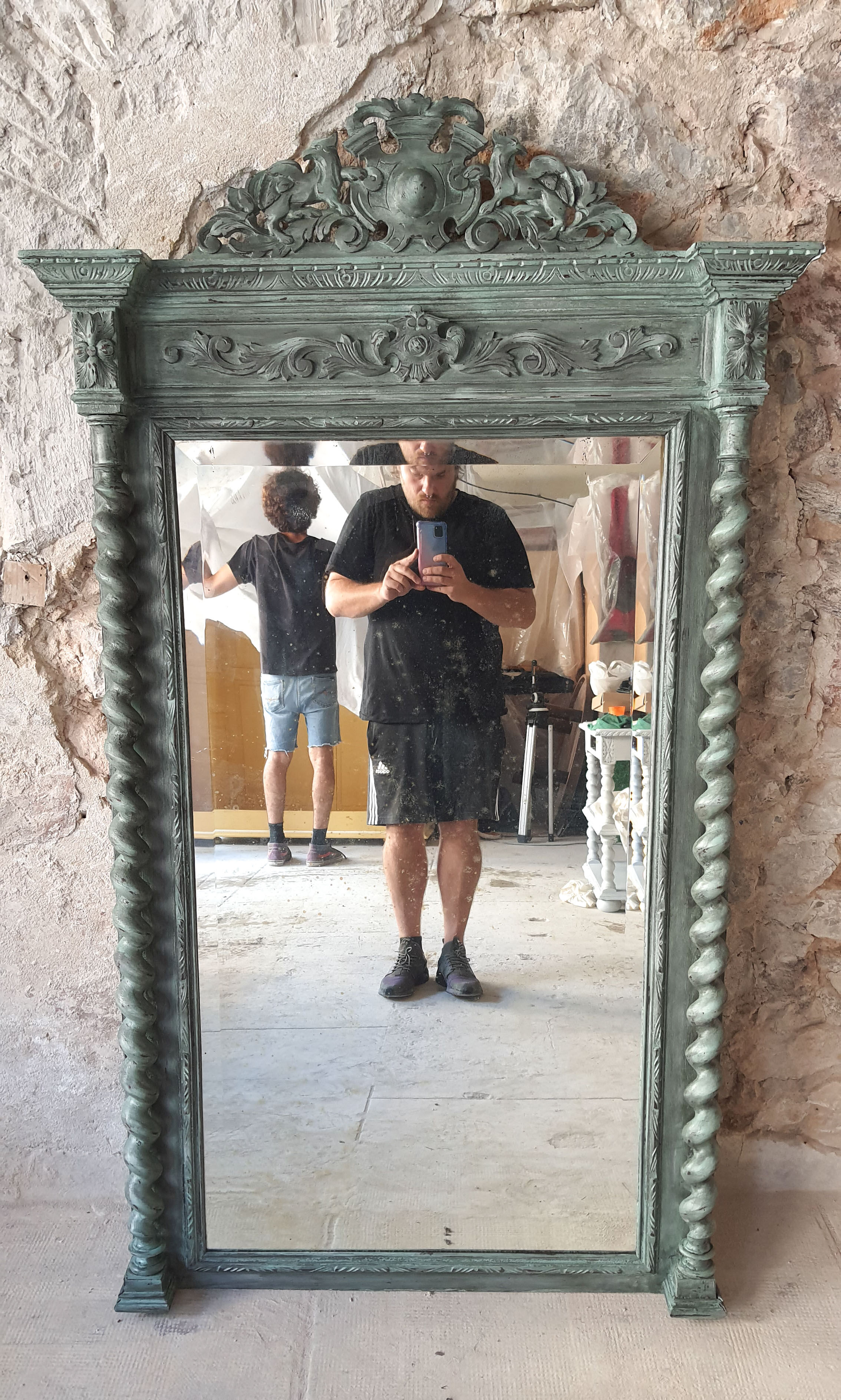 Miroir Louis XIII Shabby Chic patiné 166cm