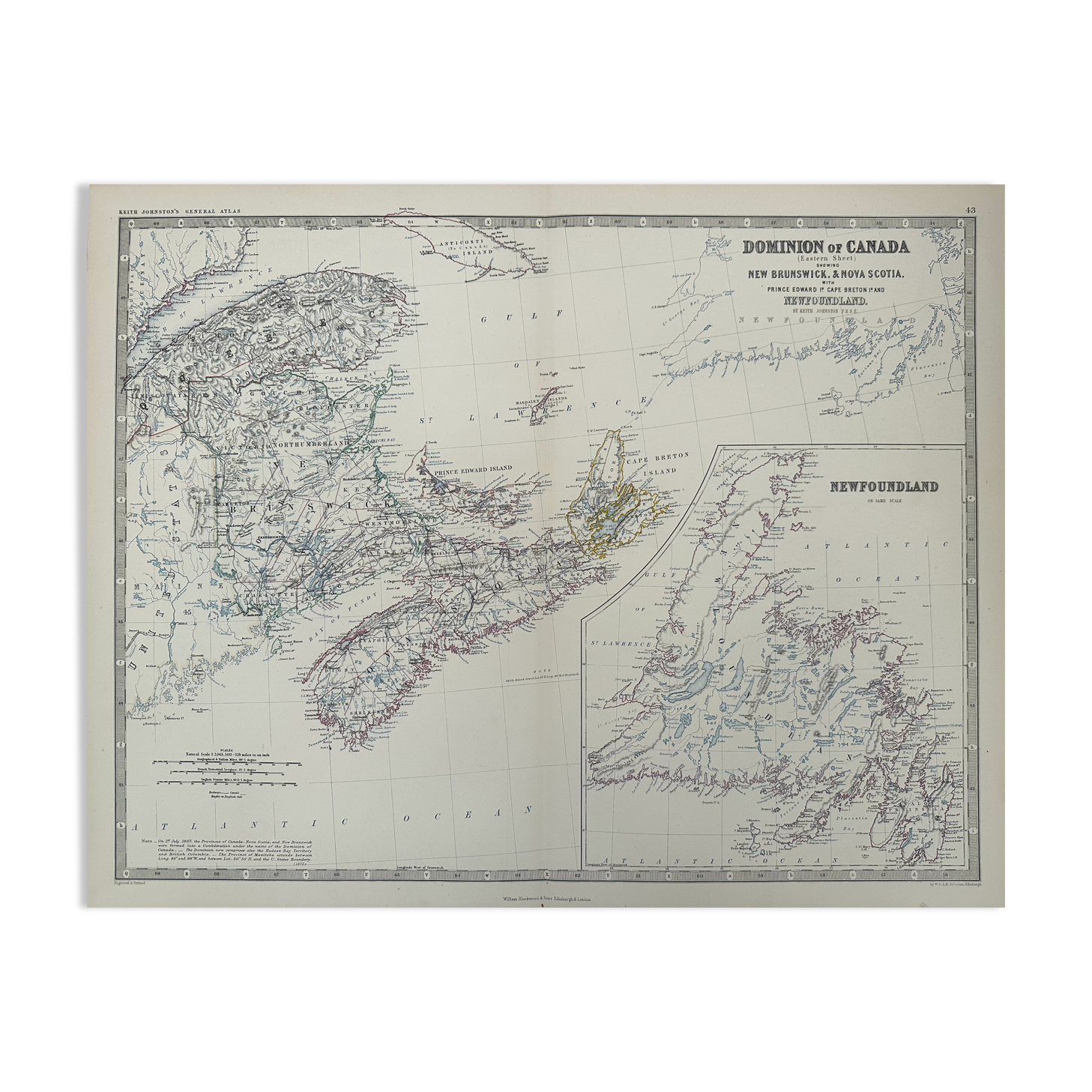 Antique Map of Canada (Eastern Sheet) circa 1869 Keith Johnston Royal Atlas Hand coloured map